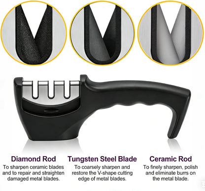 4-in-1 Kitchen Knife Sharpener, 3-Stage Manual Knife Sharpening Tool with Diamond Coarse Ceramic Fine Polish Slots, Non-Slip Base for Kitchen Chef Knives, Black