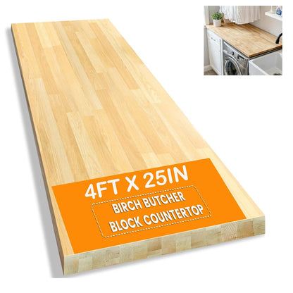 18"x25" Butcher Block Countertop Island, 1.5FT Unfinished Solid Birch Wood DIY Countertop, Durable Counter Table Tops for Kitchen Bar, Workshop, Laundry Counters Dining Room Tables 1.5"Thick
