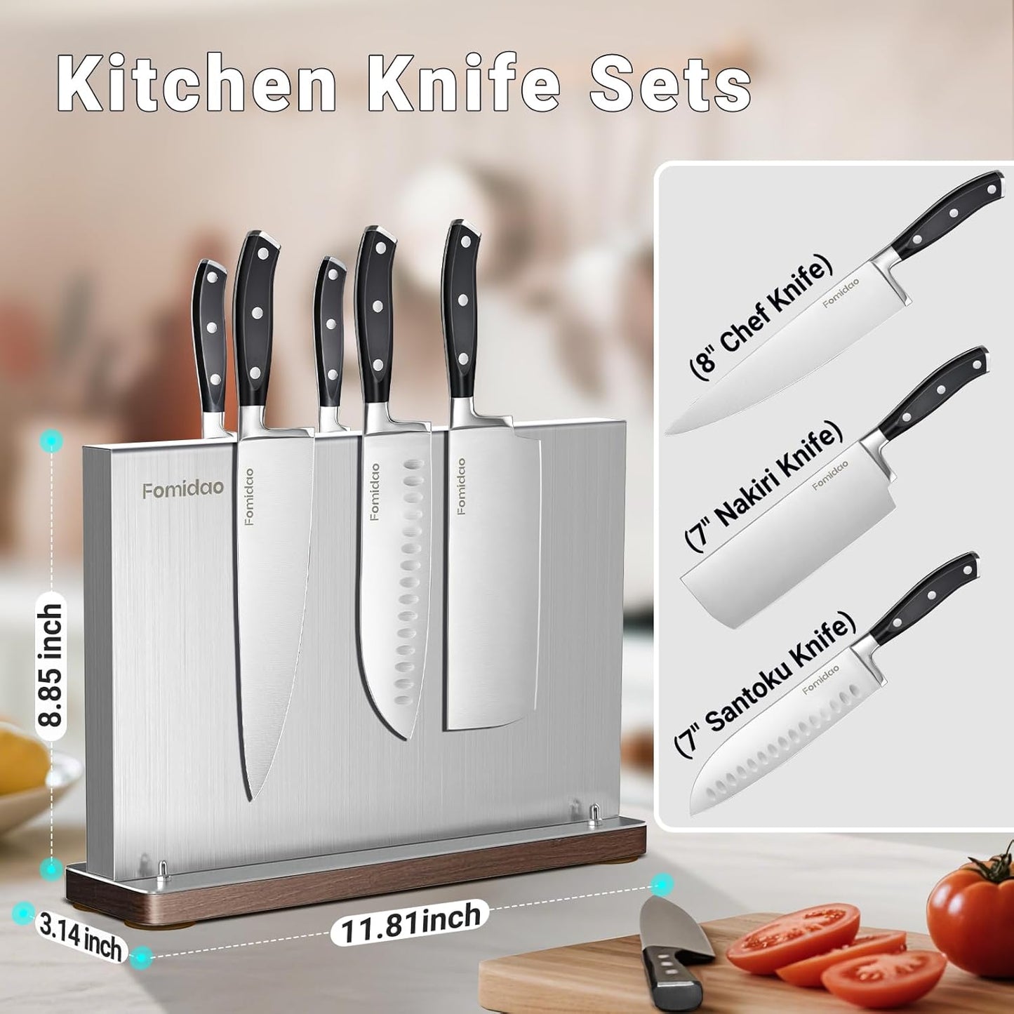 Magnetic Knife Block Without Knives,Stainless Steel Magnetic Knife Holder Rack for Kitchen Counter,Strong Double Sided Magnet Knife Storage Stand with Wood Base