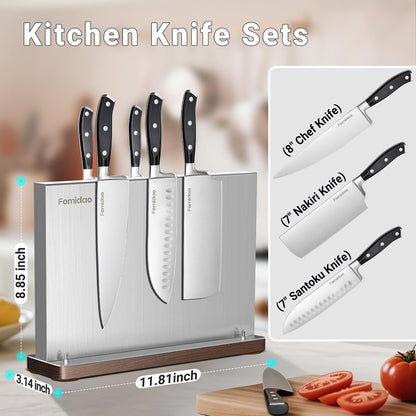 Magnetic Knife Block Without Knives,Stainless Steel Magnetic Knife Holder Rack for Kitchen Counter,Strong Double Sided Magnet Knife Storage Stand with Wood Base