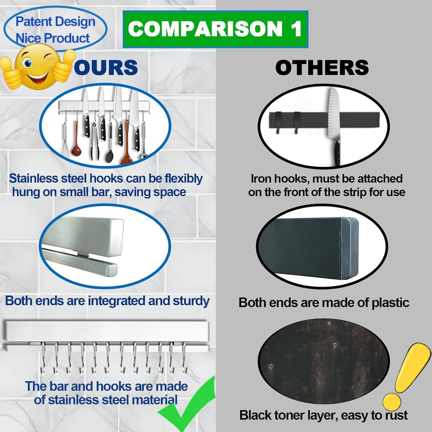 YIIYIIN Strong Magnetic Knife Holder for Wall, 17 Inch No-Drill Knife Strip with 12 Hooks & Adhesive, Holds Kitchen Utensils & Tools