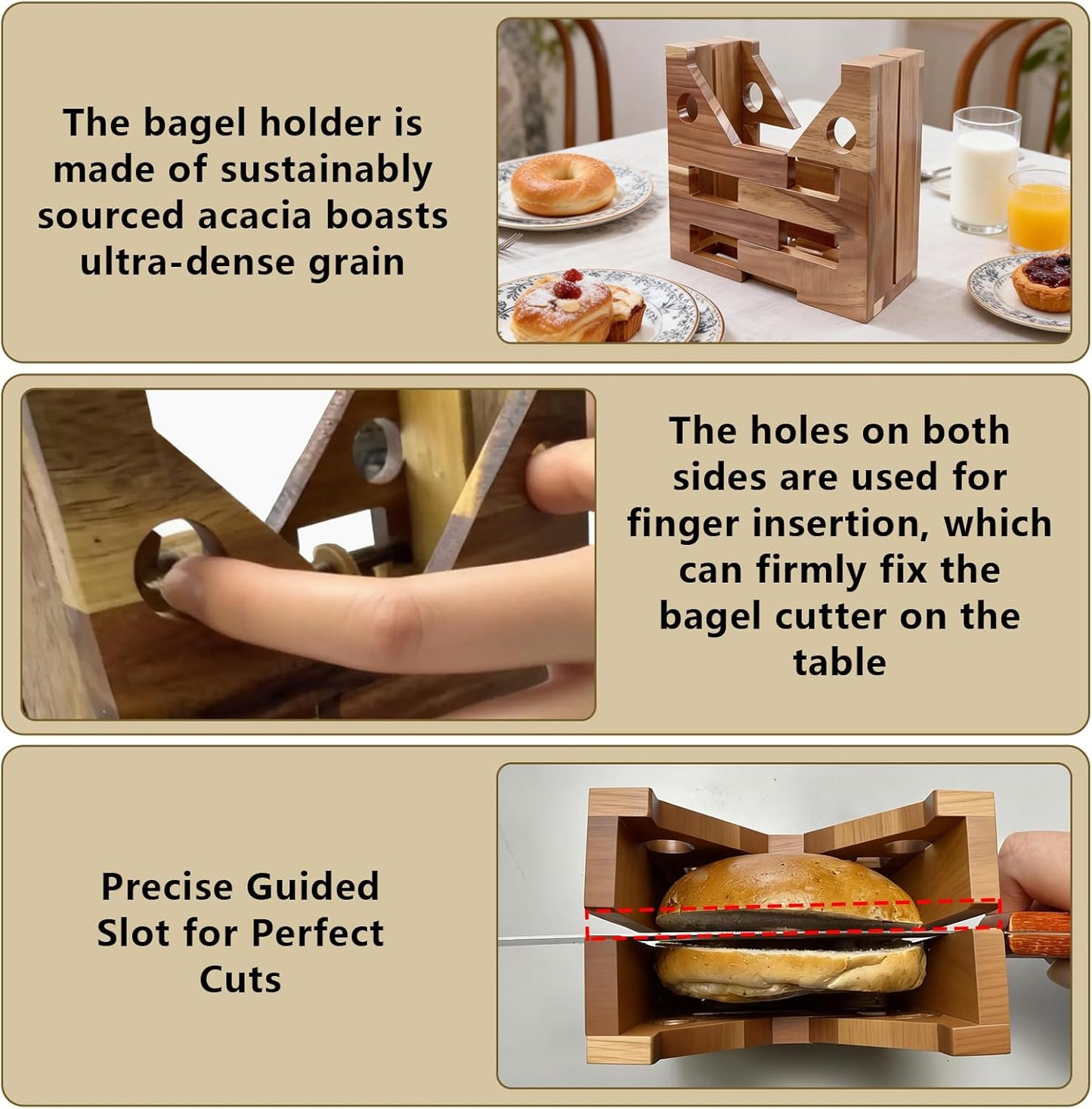Adjustable Size Bagel Slicer For Small And Large Bagels, Acacia Wood Bagel Slicer Holder For Slicing Bagel Burger Buns English Muffins Biter Guillotine Slicer For Home Coffee Shop (No Knife)