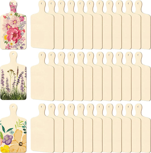 36 Pcs Wooden Mini Cutting Board with Handle Unfinished Wood Craft Mini Charcuterie Boards Paddle Blank Small Chopping Plank for DIY Kitchen Cooking Vegetables Decor(9.4 x 5.1 Inch)