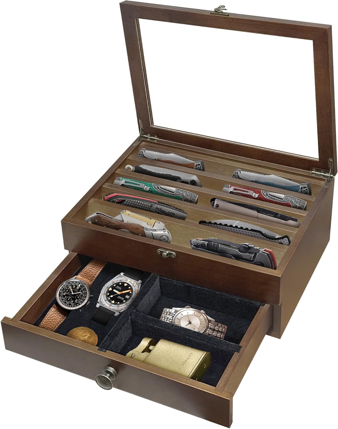 Knife Display Case,2 Layer Pocket Knife Display Case Wood, Knife Collection Display Case with Drawers, Pocket Knife Organizer for Gifts, Black