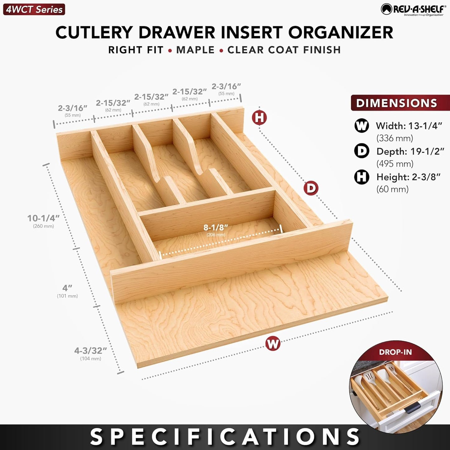 Rev-A-Shelf Natural Maple Right Size Utensil Insert Home Storage Kitchen Organizer 7 Compartment Drawer Accessory, 19 1/4" x 19 1/2", 4WCT-24SH-1