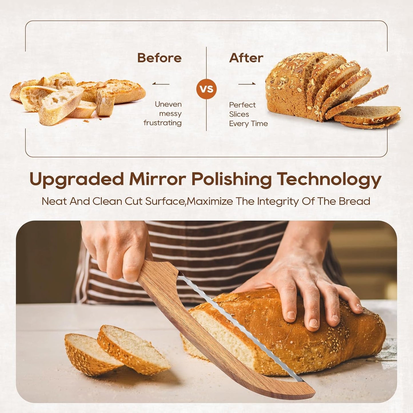 Mooues Bread Knife Set, Acacia Wood(15.7") - Double Serrated Bread Knife for Homemade Bagels, Baguettes and More - Sourdough Bread Slicer, Cuts Thin, Even Slices - Premium Stainless Steel