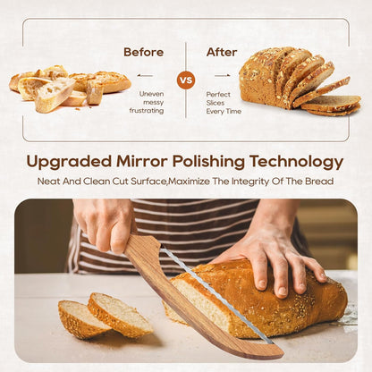 Mooues Bread Knife Set, Acacia Wood(15.7") - Double Serrated Bread Knife for Homemade Bagels, Baguettes and More - Sourdough Bread Slicer, Cuts Thin, Even Slices - Premium Stainless Steel