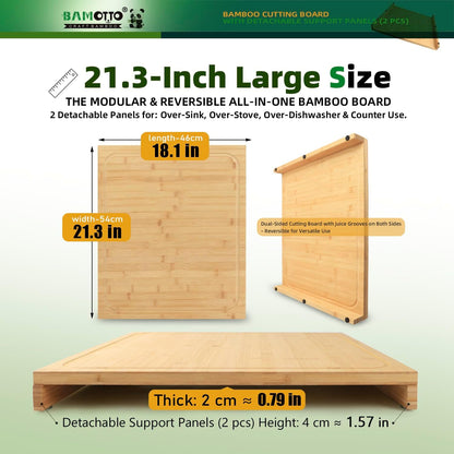 BAMOTTO CRAFTBAMBOO 18.1x21.3 Inch Large Bamboo Cutting Board with 2 Detachable Support Panels, Reversible, Kitchen Countertop Dishwasher Cover & Over Sink, Tray and Carving Board