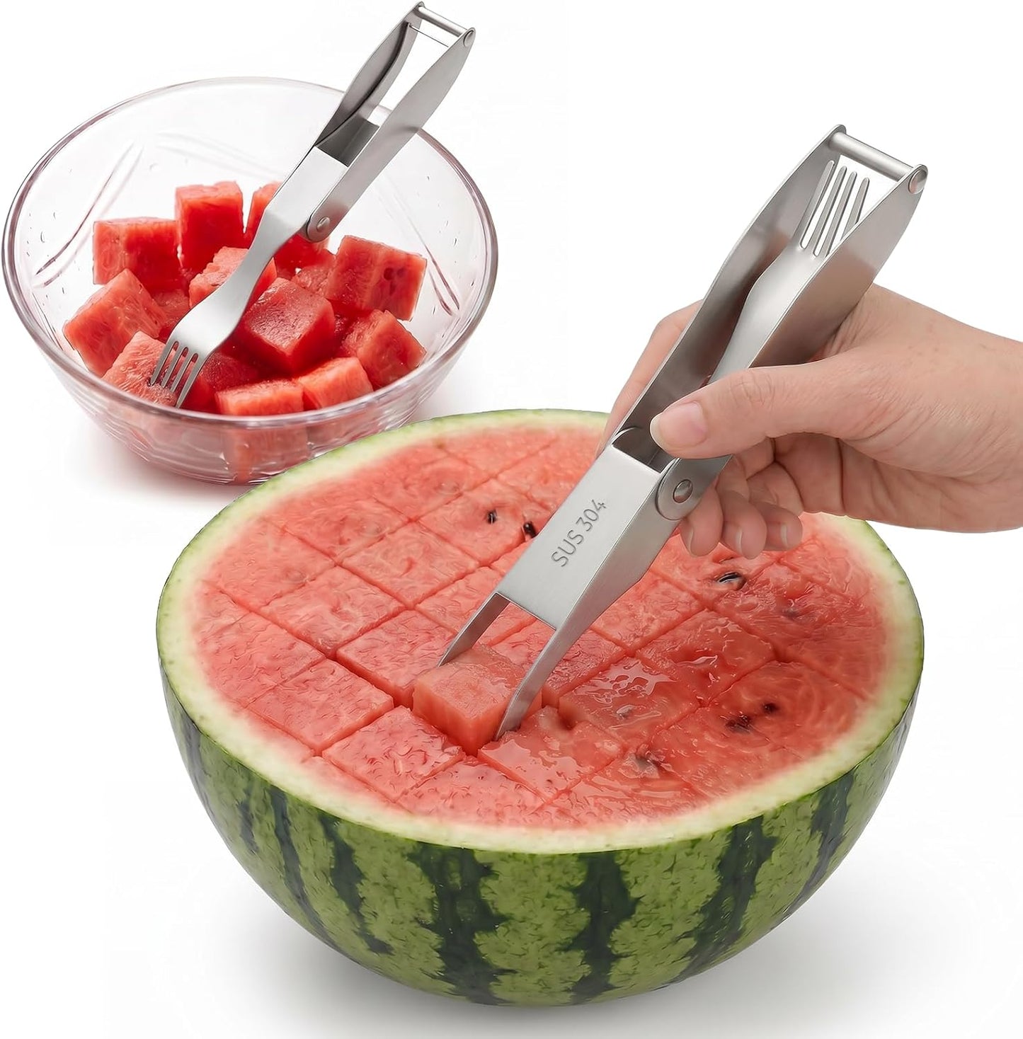CripsTaste Watermelon Cutter with Retractable Fork, 2-in-1 Stainless Steel Fruit Cutter Watermelon Cutter Slicer Tool, Melon Slicer Cutter Tool for Home Party Camping Kitchen Gadget