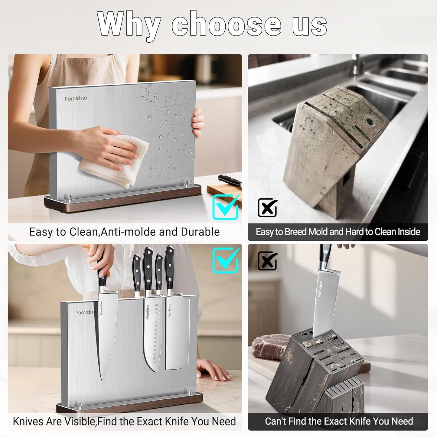 Magnetic Knife Block Without Knives,Stainless Steel Magnetic Knife Holder Rack for Kitchen Counter,Strong Double Sided Magnet Knife Storage Stand with Wood Base