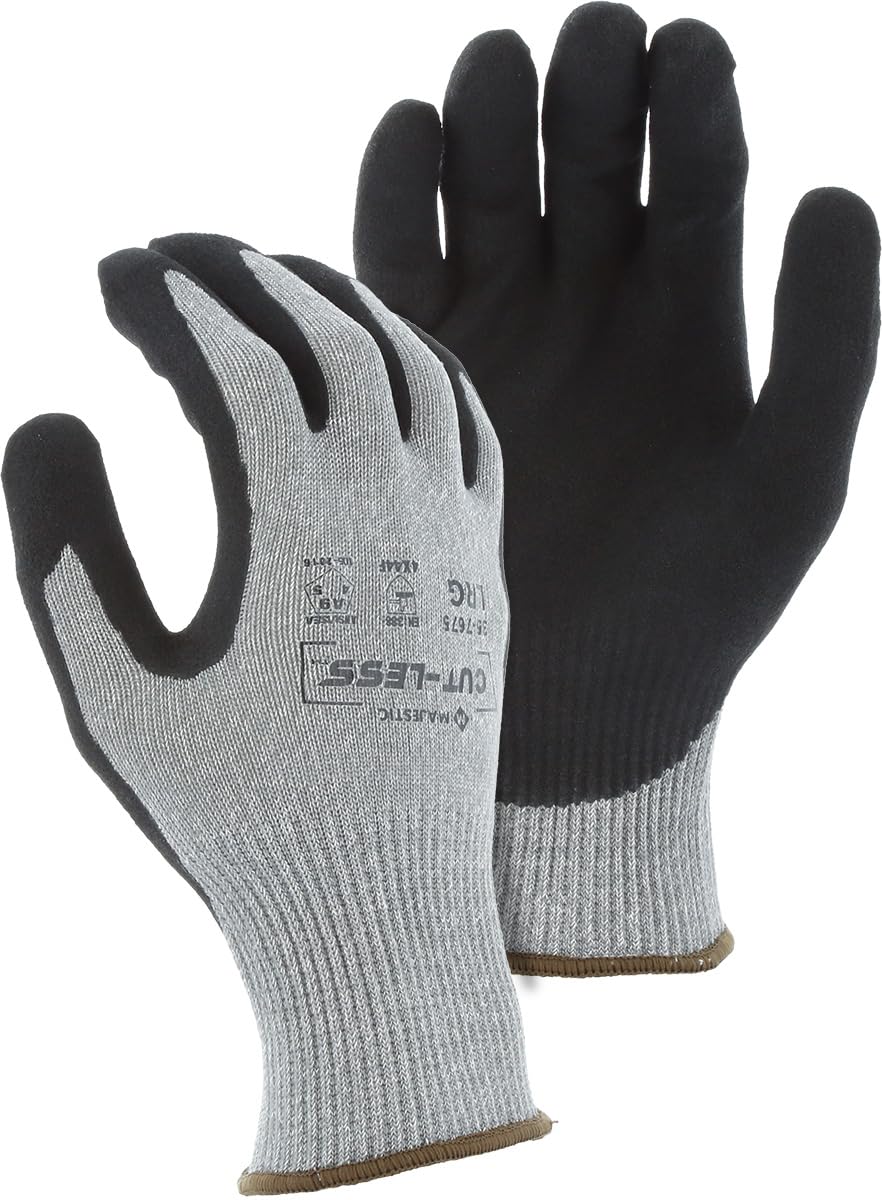 Majestic Cut-Less Korplex Glove with Sandy Nitrile Palm | 12 Pair - MED | 13 Gauge Liner, ANSI A9, Extreme Cut Resistance, Breathable, Gray/Black | for Automotive, Industrial, Manufacturing | 35-7675