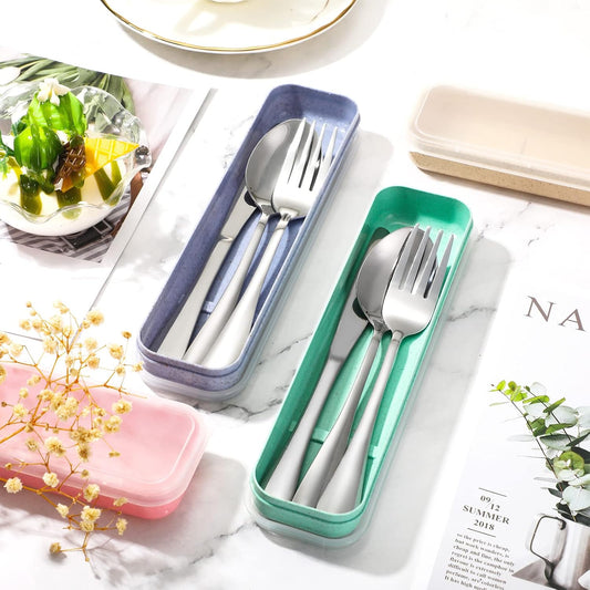 Yinkin 4 Pack Portable Travel Utensils Set with Case Reusable Stainless Steel Silverware Flatware Camping Cutlery Include Fork Spoon Knife for Work School Dishwasher Safe(Classic Color)