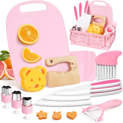 50PCS Kids Kitchen Cooking Set - Crocodile Wooden Kid Safe Knife Cutting Board Apron Gloves Fruit Vegetable Crinkle Cutters Peeler Serrated Edges Plastic Toddlers Knives, Kids Knifes for Real Cooking