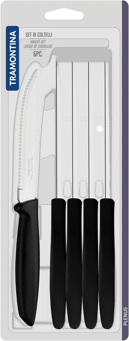 Tramontina Kitchen Knives Set of 6, Serrated Fruit Tomato Cooking Knife, Vegetable Chopper Peeler, Stainless Steel, Multipurpose, Pointed Tip, Brown, 23498454