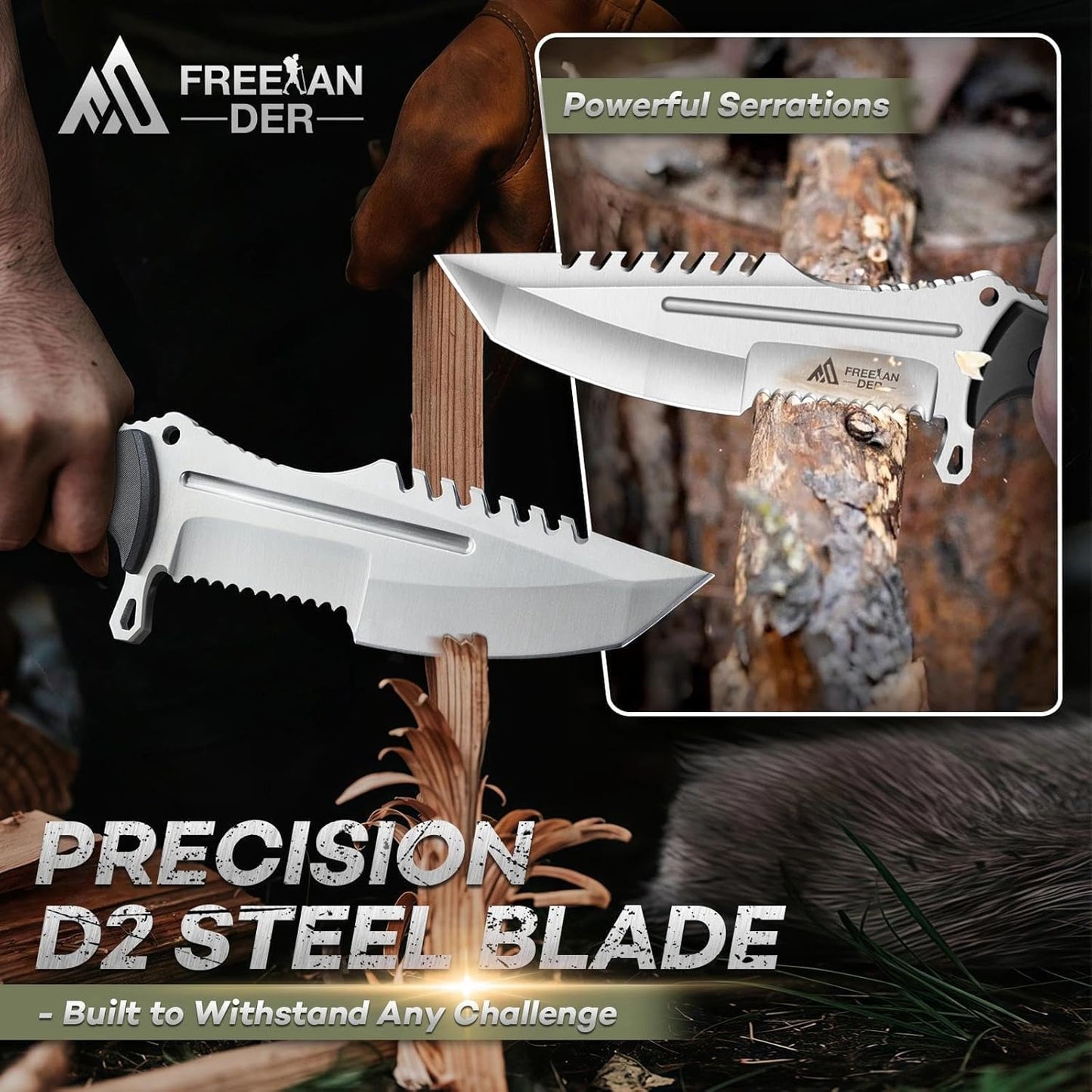 Freelander Fixed Blade Knife with Sheath, Full Tang D2 Steel Survival Knife, Camping Bushcraft Knives with Ergonomic Handle, Outdoor Knives for Men
