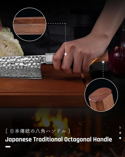 YOTSUBA 3PCS Japanese Damascus Chef Knife Set – Ultra Sharp Hand-Forged High Carbon Steel Blades with 100% Genuine Natural Hardwood Handles, Professional Kitchen Knives for Chopping Meat & Vegetables