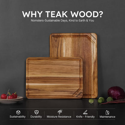 3 Pack Teak Wood Cutting Board Set for Kitchen Charcuterie Board Serving Heavy Duty Non Toxic Slip Hardwood Over Sink Solid Thick Haus Wooden Chopping Board Large Big Small Meat Best Essential Gift