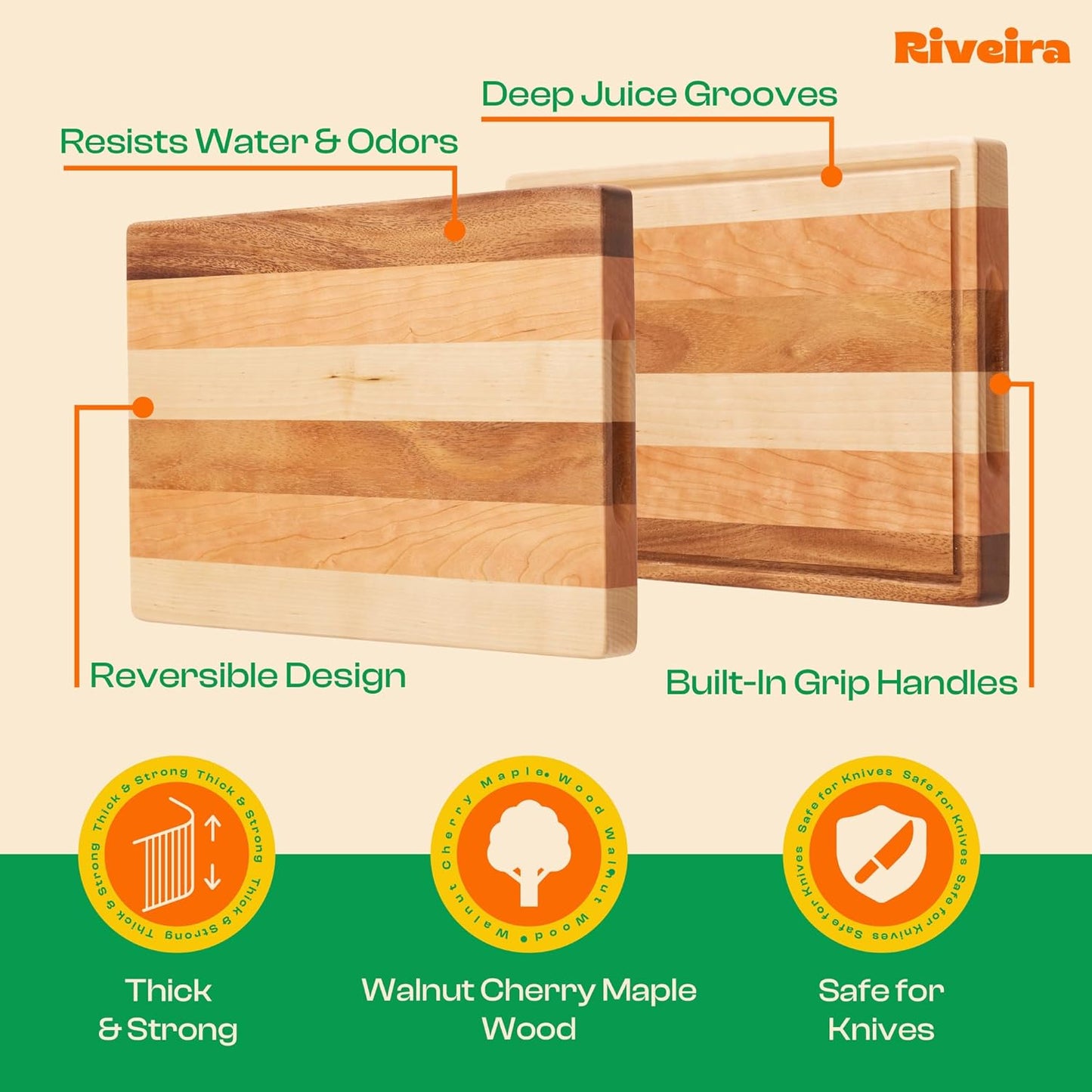 Riveira Walnut Cutting Board Set – Versatile And Durable: Set Of 3 Pcs Rectangular Wooden Cutting Board – Natural Wooden Cutting Boards For Kitchen – Complete Walnut Wooden Chopping Board