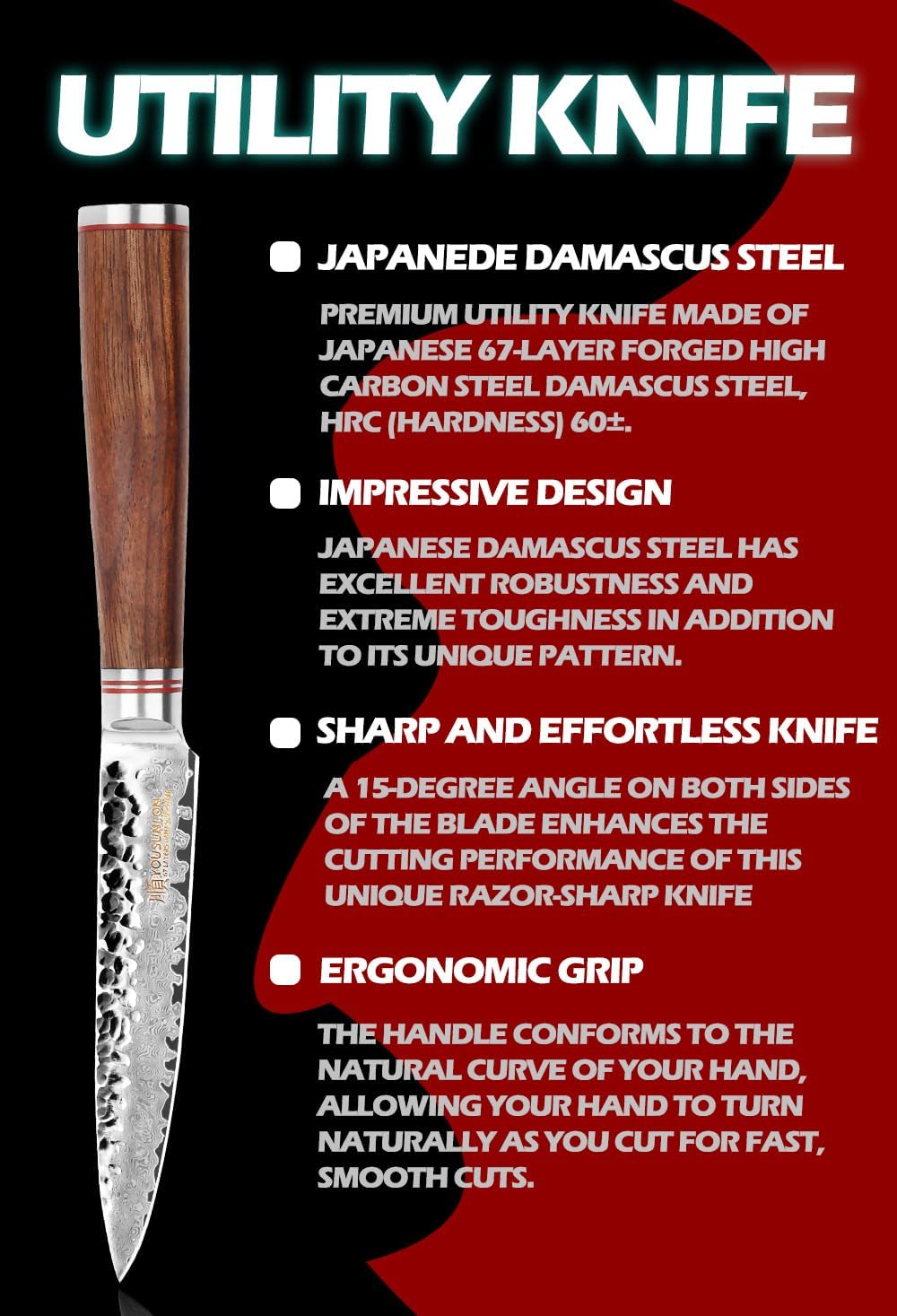 YOUSUNLONG Utility Knife Kitchen 5 Inch Petty Knife - Japanese Hammered Damascus Steel - Razor Sharp Blade - Natural Walnut Wooden Handle