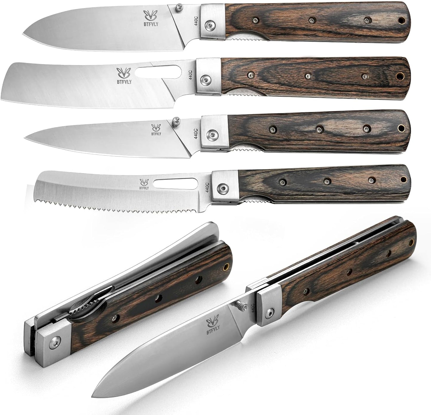 440C Stainless Steel Folding Bread Knife, 9.3in Overall Length, Black - Colored Wood Handle, Serrated Blade - Camping, Outdoor Use