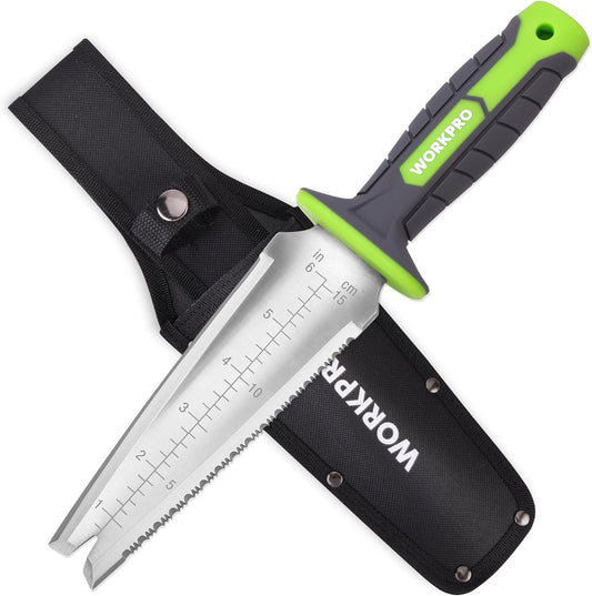 WORKPRO Hori Hori Garden Knife, 7" Stainless Steel Blade with Cutting Edge, Garden Tools with Oxford Sheath, Ergonomic TRP Handle with Hanging Hole for Weeding, Planting, Digging, Green