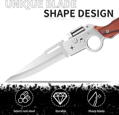 AK47 Style Tactical Folding Pocket Knife – EDC Gift for Men with LED Light, Wood Handle & Pocket Clip, Laser Engraving Ready, Outdoor Camping Hiking Gear (1)