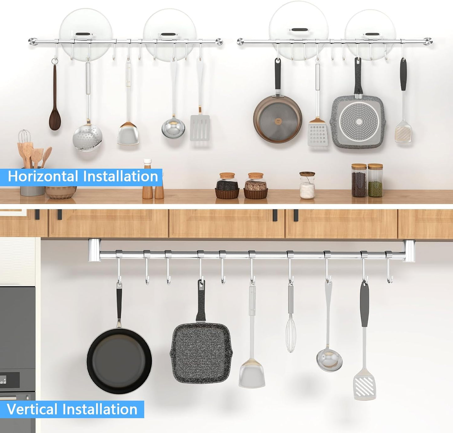 Audmore Kitchen Utensil Rack 2 Pack, 15.6 Inch Pots and Pans Hanging Rack Wall Mounted, 304 Stainless Steel Lid Cooking Utensil Hanger, 7 Sliding Hooks for Spatula Spoon, Measuring Cups, Coffee Mug