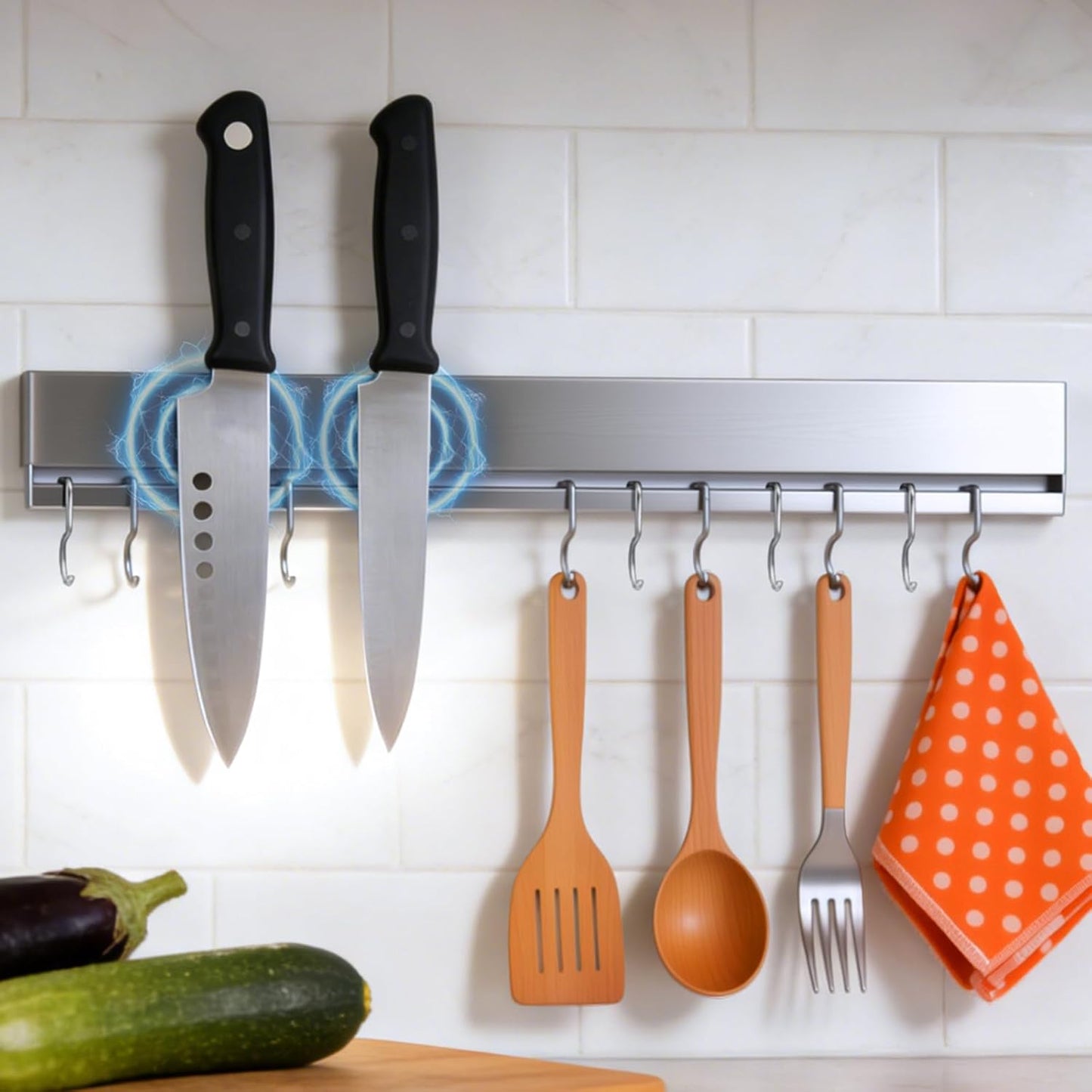 Magnetic Knife Holder for Wall, 16 Inch Stainless Steel Magnet Strip with 10 Hooks, No Drill Adhesive Tape & Screws, Kitchen Utensil Organizer, Wall Mounted Knife Storage