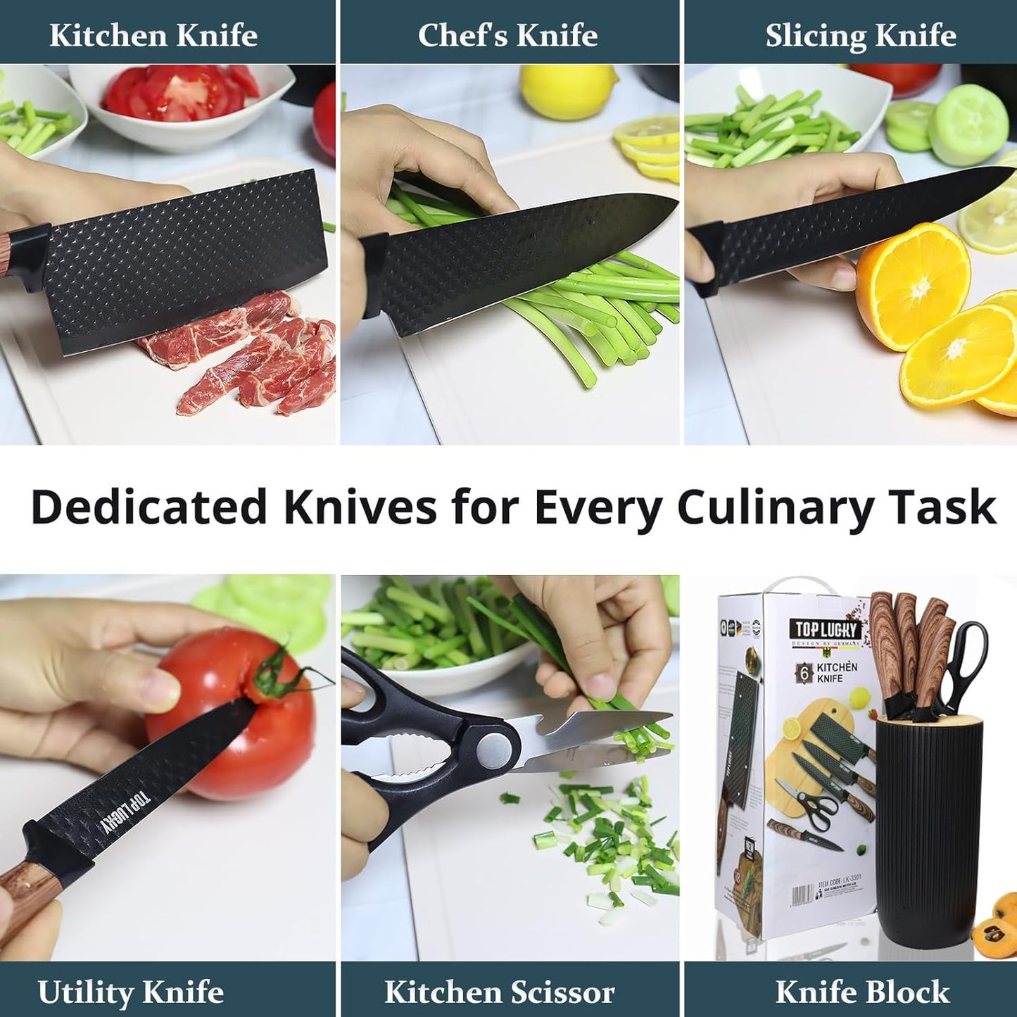 Black Professional 6-Piece Knife Set with Ultra Sharp Stainless Steel Blades and Universal Block