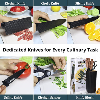 Black Professional 6-Piece Knife Set with Ultra Sharp Stainless Steel Blades and Universal Block