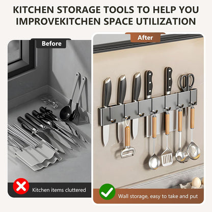 Knife Holder for Wall Mount-Knife Strips with Hooks Stainless Steel Wall Knife Rack-Knife Block-Knife Rack-Utensil Hanger-Kitchen Utensil Holder (Black, 50 CM+9 Hooks)