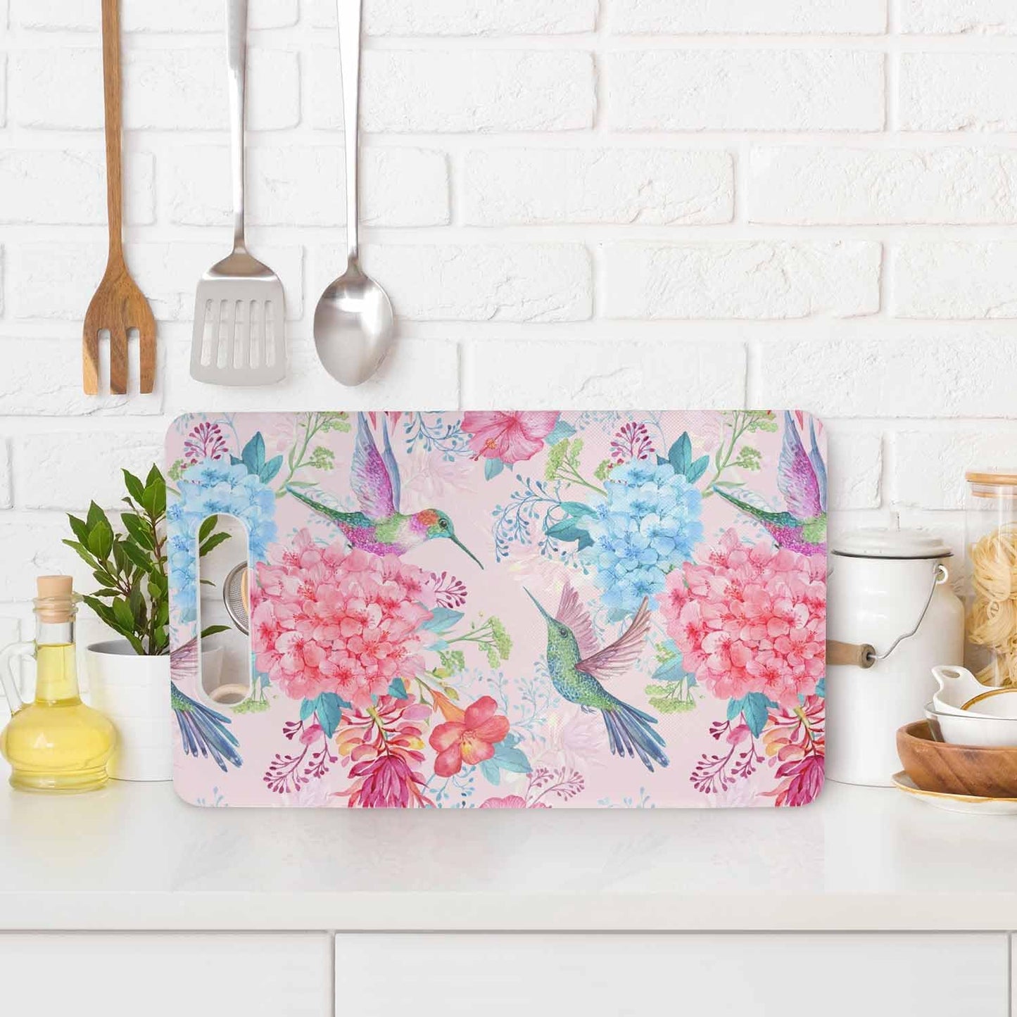 Coffee Set Cutting Board with Handles Coffee Maker Muffin Cup Flower Hot Drink Love Cutting Boards Plastic Safe Chopping Board for Kitchen 16" x 10" x 0.24"