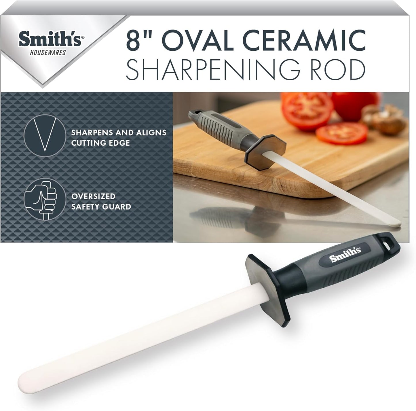 Smith’s 51205 8 Inch Oval Ceramic Sharpening Rod – Soft Rubber Handle – 2-Stage Sharpener – Kitchen, Chef, Straight + Serrated Edge Knife Sharpener – Hone & Realigns Knife Edge