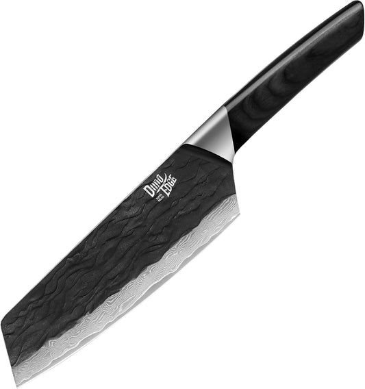 Professional Damascus Kitchen Knife with Pakkawood Handle, Black Oxide Hammered High Carbon Stainless Steel, 7 Inch Bunka Knife