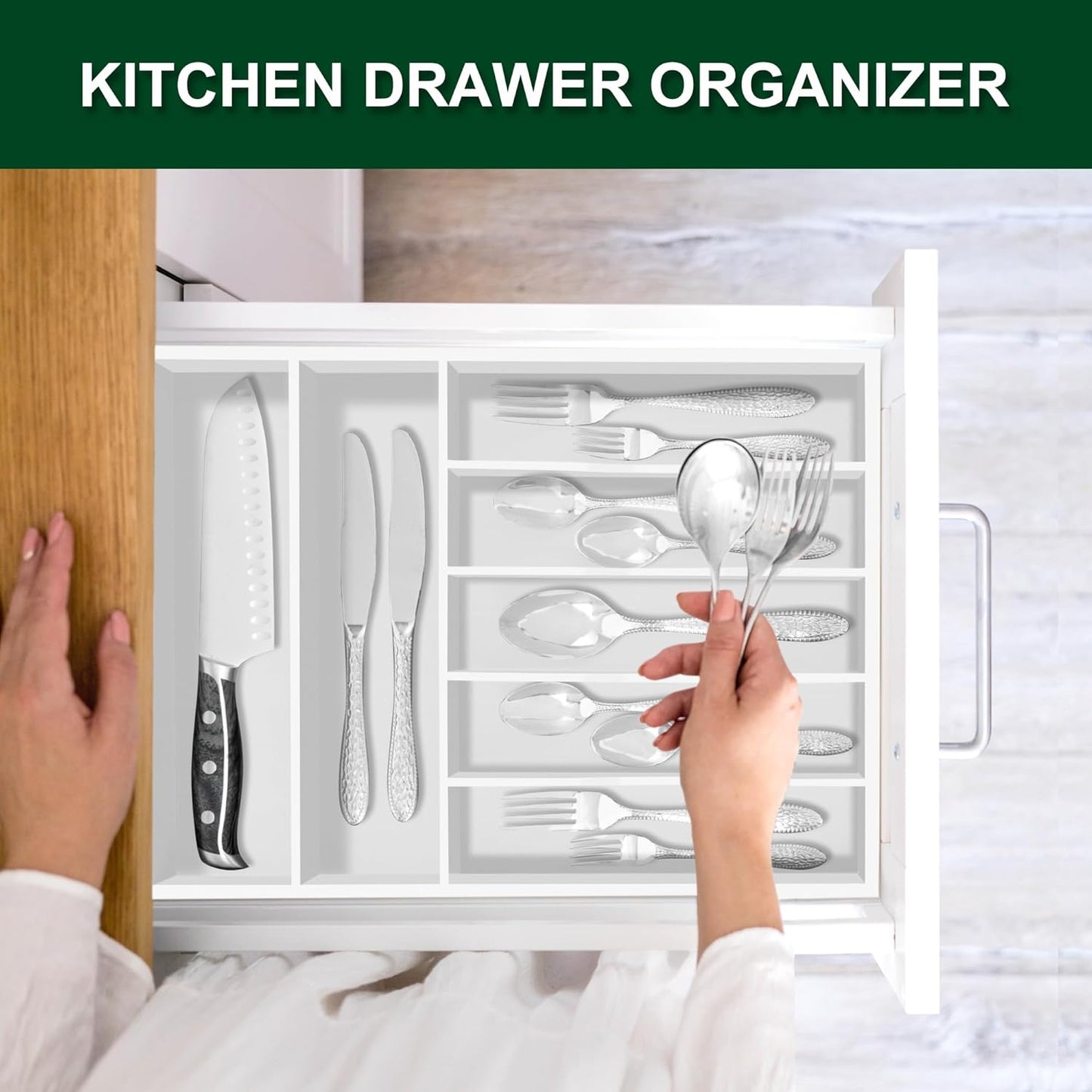 Bellsal Natural Utensil Organizer 12.5 Inch Silverware Organizer for Drawer Utensil Holder Cutlery Organizer Kitchen Drawer Organizer 7 Compartment Small Narrow Bamboo