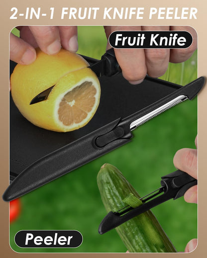 Mitsuharu 5 in 1 Camping Cutting Board Set with Santoku Knife,Separable Shears,Peeler & Slicing Knife and Sharpening Slots,Portable Camper Accessories Kitchen Set, Black