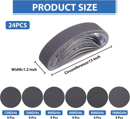 1x30 Inch Silicon Carbide Sanding Belts, 4 PCS Each of 80,120, 240, 400, 800,1000 Grits Knife Sharpening Belt Kits for 1 x 30 Inch Belt Sander, 24 Pack