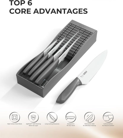 OOU 5-Piece Kitchen Knife Set with in-Drawer Organizer Tray, Space-Saving Knives Set, Organized Drawer Storage Tray for Home Kitchen, Countertop-Saving Design, Pink