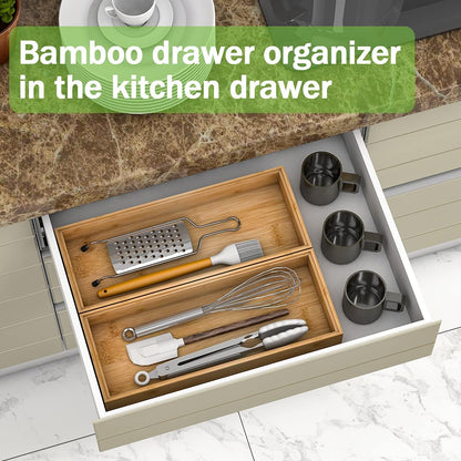 Utensil Organizer Silverware Drawer Organizer - Stackable Bamboo Flatware Caddy Cutlery Holder, Wooden Storage Boxes Tray for Bedroom,Office, Bathroom, Vanity & Garage Tool Organization(9"3"2.5")