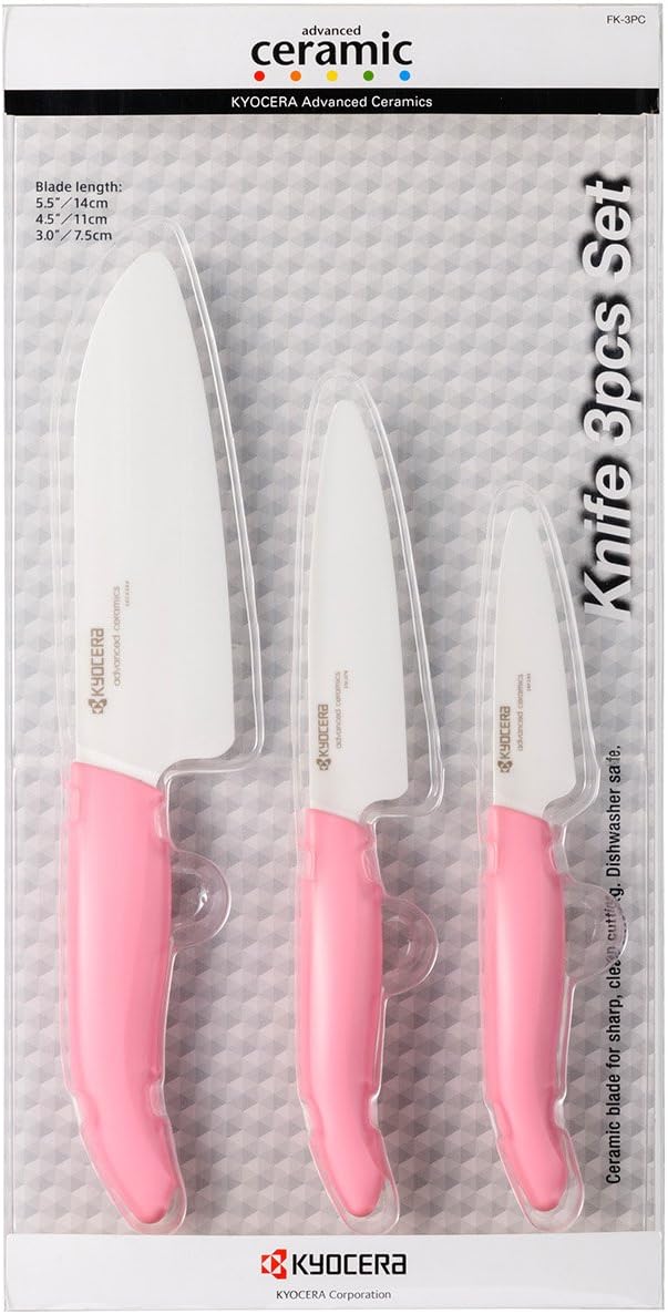 Kyocera FK-3PC-SE Advanced ceramic Revolution Series Knife Set, Blade Sizes: 5.5", 4.5", 3", Pink, 3Piece