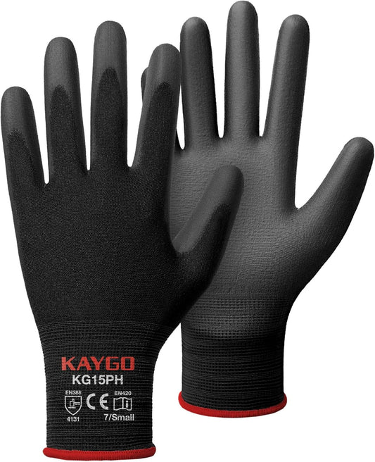 KAYGO Ultra Thin PU Coated Safety Work Gloves, 12 Pairs Nylon Knit, High Dexterity Anti-Slip Breathable Light Duty Gloves for Precision, Warehouse, DIY & Electronics (L,Gray)