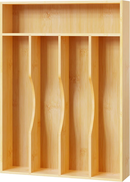 Bellsal Natural Utensil Organizer 12.5 Inch Silverware Organizer for Drawer Utensil Holder Cutlery Organizer Kitchen Drawer Organizer 7 Compartment Small Narrow Bamboo