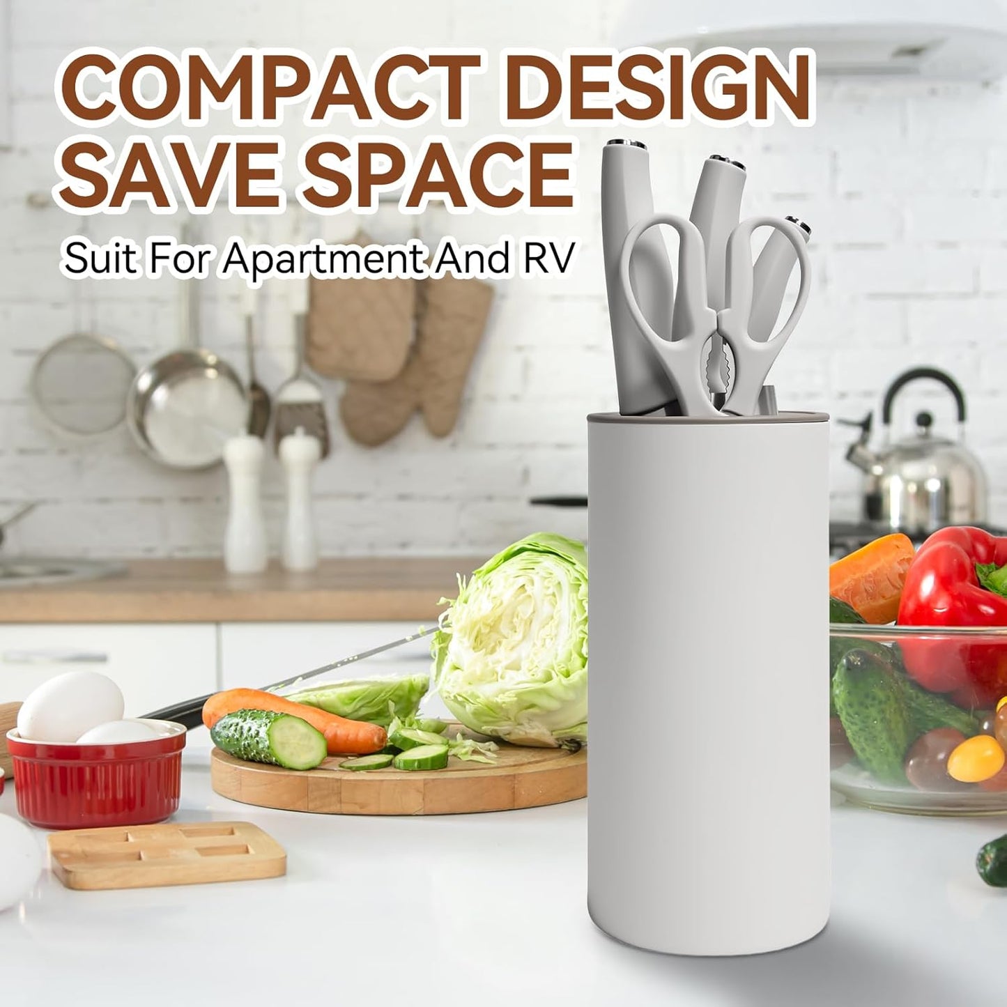 Small Knife Block Set, Modern Kitchen Knife Scissors with Universal Round Holder, Home Apartment New Kitchen Essentials, Space Saving, Dishwasher Safe(Black, 7PCS)