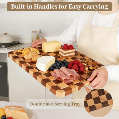 Checkered Cutting Board for Kitchen - Solid Wood End Grain Checkerboard Chopping Board with Handle & Juice Groove, Double Sided for Cooking, Serving and Decor, Rectangular 16" x 12" x 1"