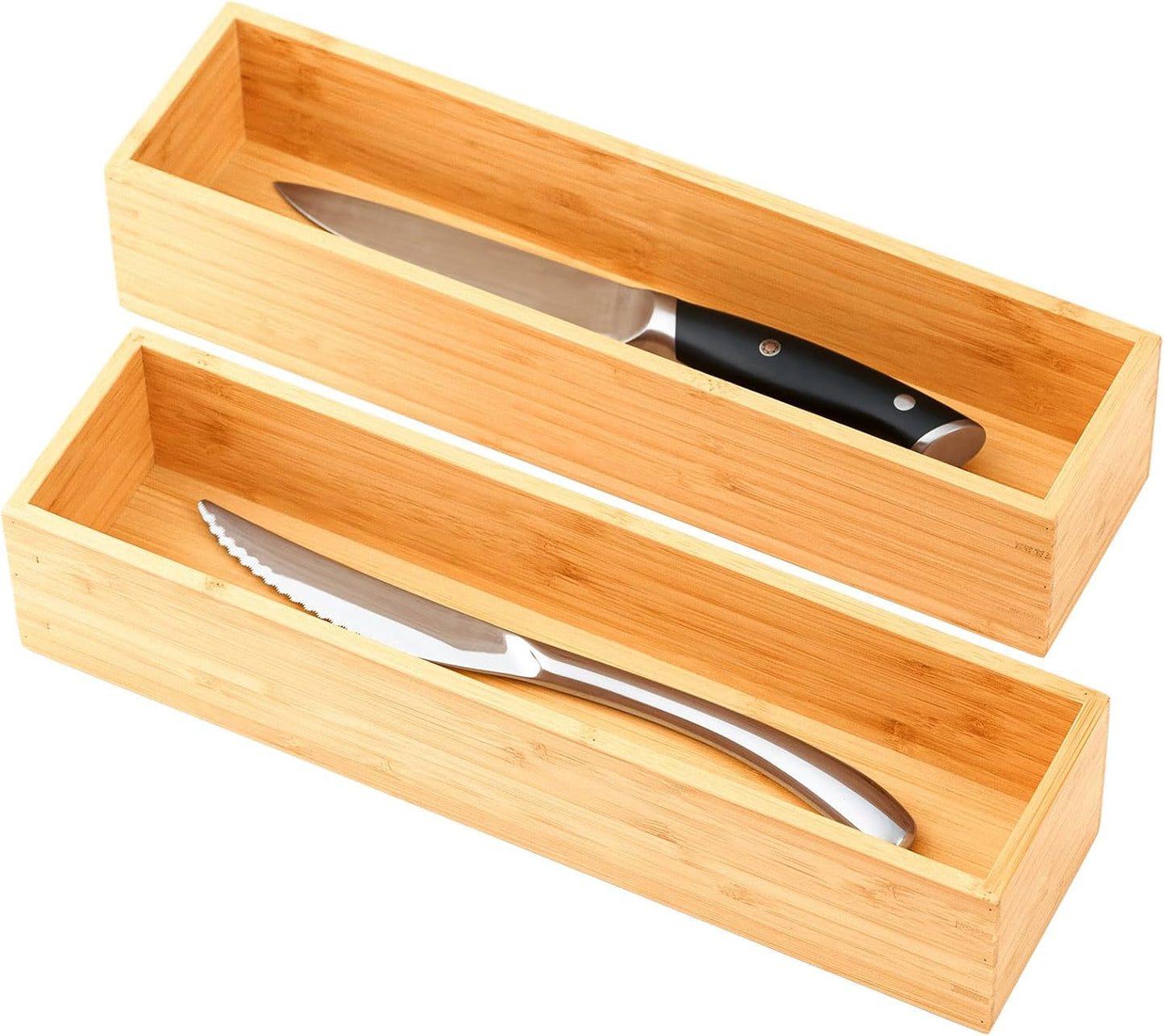 Umilife Bamboo Kitchen Utensils Organizer, Extra Long High Silverware Drawer Holder, Flatware Cutlery Storage Box, Multi-Use Drawer Divider in Office, Bathroom, Pantry - 17"x6"x2.5" (Set of 2)