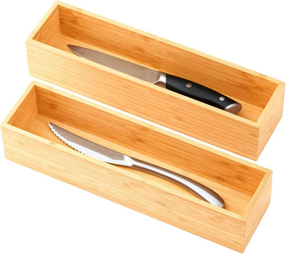 Umilife Bamboo Kitchen Utensils Organizer, Extra Long High Silverware Drawer Holder, Flatware Cutlery Storage Box, Multi-Use Drawer Divider in Office, Bathroom, Pantry - 17"x6"x2.5" (Set of 2)