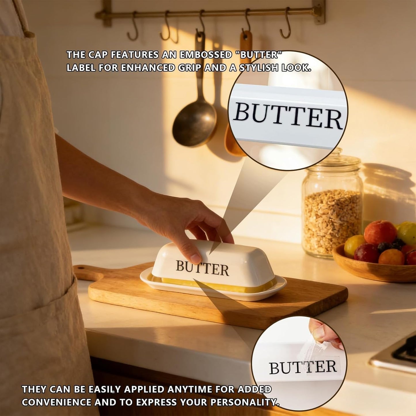BPA-Free Melamine Butter Dish with Lid & Stainless Steel Knife - Farmhouse Butter Keeper for Countertop & Refrigerator, Dishwasher Safe, Holds 1 Stick with East & West Coast Butter-Cream