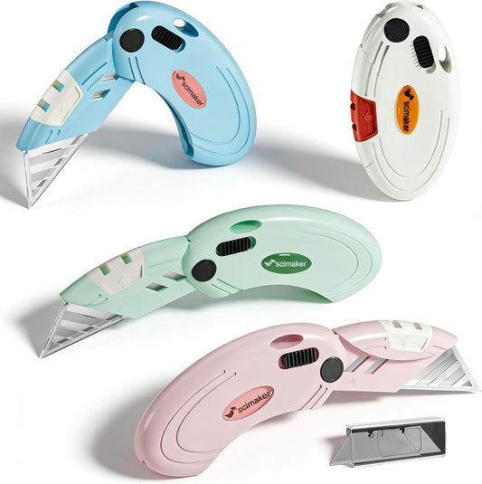 Box Opener with 10 Extra Blades,Mini Box Cutter with Button Lock Mechanism,Razor Blades Utility Knife for Opening Daily Express Boxes, Packages, Envelopes,Paper tapes,4 Pcs,Assorted Colors.
