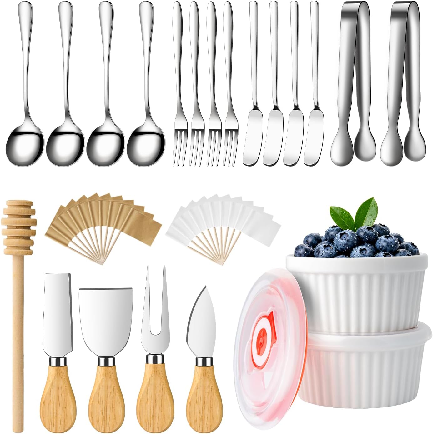 Charcuterie Boards Accessories Bowls Gold, Cheese Butter Spreader Knife Set Mini Serving Tongs, Forks, Spoons,Dipping Bowls with Lids, Toothpick Flags, Honey Dippers For Party Platter Making