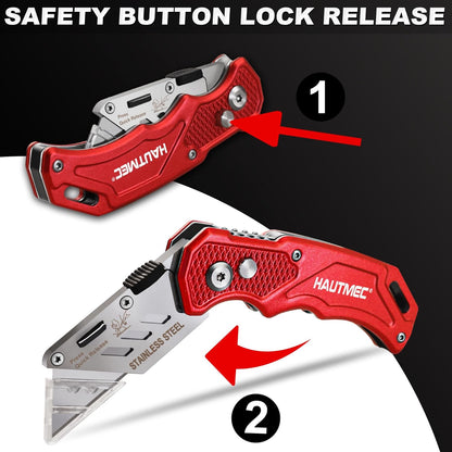 HAUTMEC 3-Pack Folding Utility Knife, Heavy-Duty Aluminum Box Cutter with Quick-Change Blades & Lock-Back Safety Design, Ergonomic Streamlined Grip Includes 15 Extra SK5 Blades, HT0429